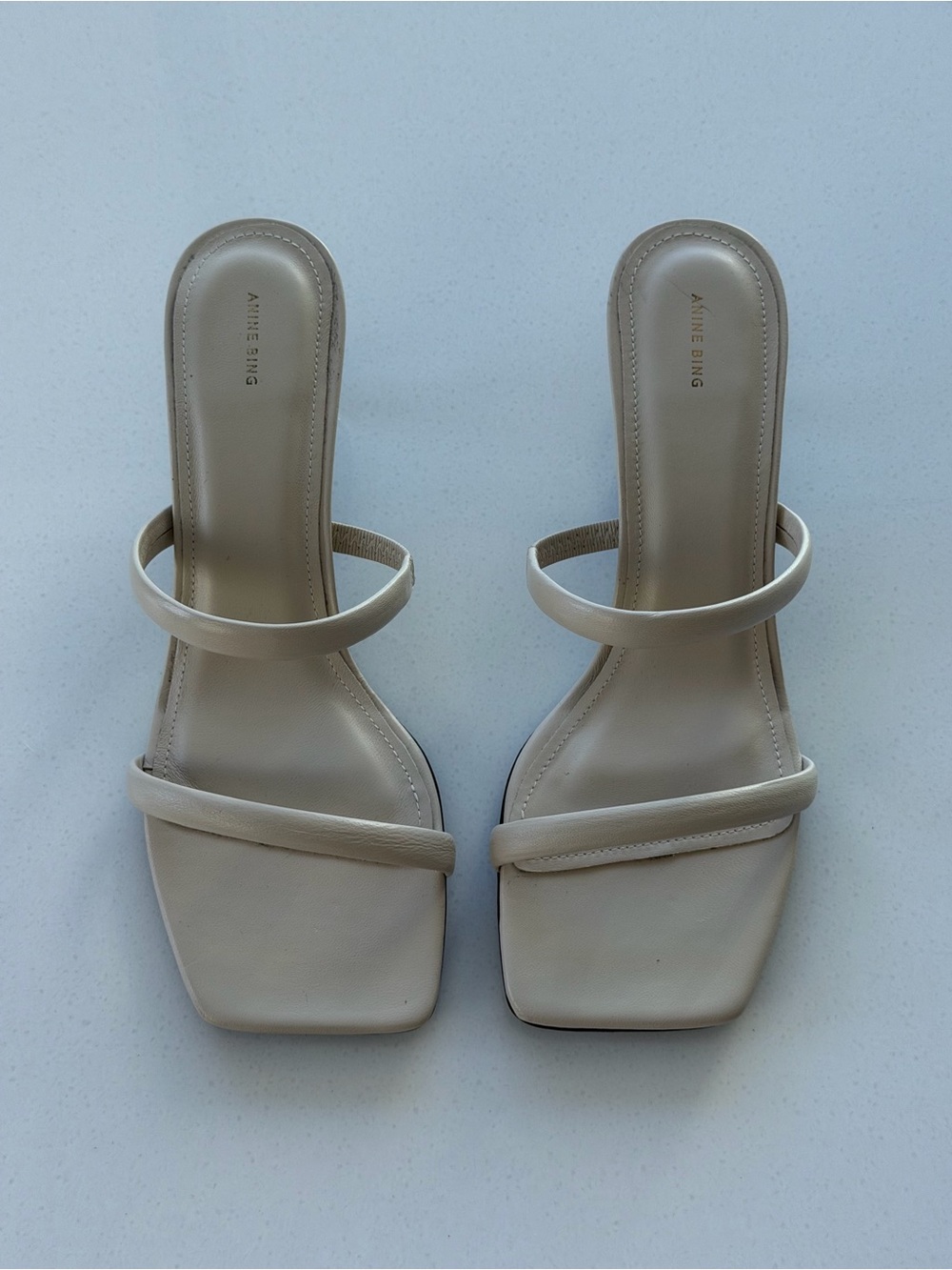Anine Bing Cream Minimal Double-Strap Square-Toe Slide Sandal Heels